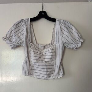 Free People White Striped Puff Sleeve Square Neck Crop Top
